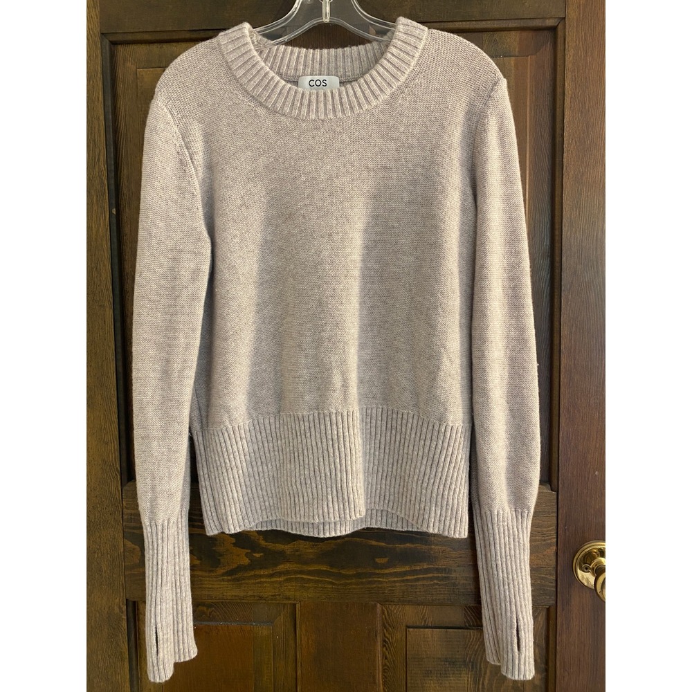 COS Womens 100% Wool Crewneck Sweater Taupe Thumbhole Cuffs Size Large